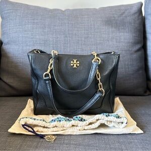 Tory Burch Black Leather Satchel with Gold Accents